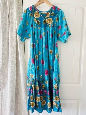 Colorful Teal Sunflower Mumu Floral Midi Dress Festival 90’s Granny Chic